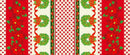 Christmas Poly Poplin Fabric Style 3 with red poinsettias, green holiday wreaths, and festive red and white patterns for holiday sewing and decor.