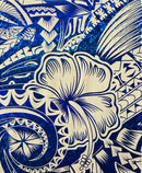 Beige & Royal Hibiscus Plumeria Polynesian Tattoo Polyester Foil Fabric