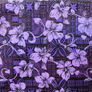 Purple colored Hibiscus on Traditional Tapa design Polyester Fabric
