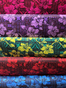 Swatches of Hibiscus on Traditional Tapa design Polyester Fabric