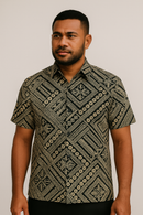 Man wearing the Traditional Polynesian Geometric design Fabric as a shirt.
