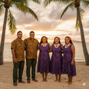 A group of people wearing traditional Polynesian attire on a tropical beach at sunset. The two men on the left wear khaki-colored Tapa design shirts, while the three women on the right wear purple Polynesian print sleeveless dresses. They are all smiling against a background of palm trees and the ocean.