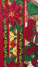 A close-up view of a festive Christmas fabric featuring vertical decorative bands. One band shows a large red poinsettia with green leaves, while an adjacent band features a teddy bear wearing a red and green striped winter hat and scarf on a cream-colored background with ornate gold patterns.