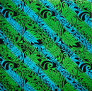 Green/Blue Diagonal Traditional Tattoo Gradient design with Tropical Leaves Rayon Poplin Fabric