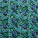 Aqua colored Hibiscus Monstera Palm leaves Polyester Fabric