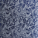 Hibiscus Plumeria Tiare Monstera,Musa Acuminata, Anthurium leaves | Polyester Foil Printed Fabric White/Navy