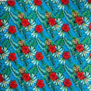 Turquoise colored Hibiscus Plumeria Tropical Leaves All Over Design Cotton Fabric