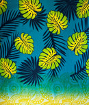 Jade colored Monstera Palm Leaves Traditional Tattoo Border Light Barkcloth Fabric