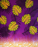 Purple colored Monstera Palm Leaves Traditional Tattoo Border Light Barkcloth Fabric