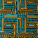 Turquoise/Mustard Polynesian Geometric Symmetrical design Peachskin Fabric