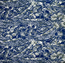 Blue/Grey Traditional Polynesian Tattoo Hibiscus Plumeria Swirls Design Cotton Fabric