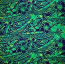 Green/Navy colored Traditional Polynesian Tattoo Hibiscus Plumeria Swirls Design Cotton Fabric