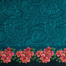 Teal colored Traditional Polynesian Tattoo Rose Polka Dot Border Peachskin Fabric